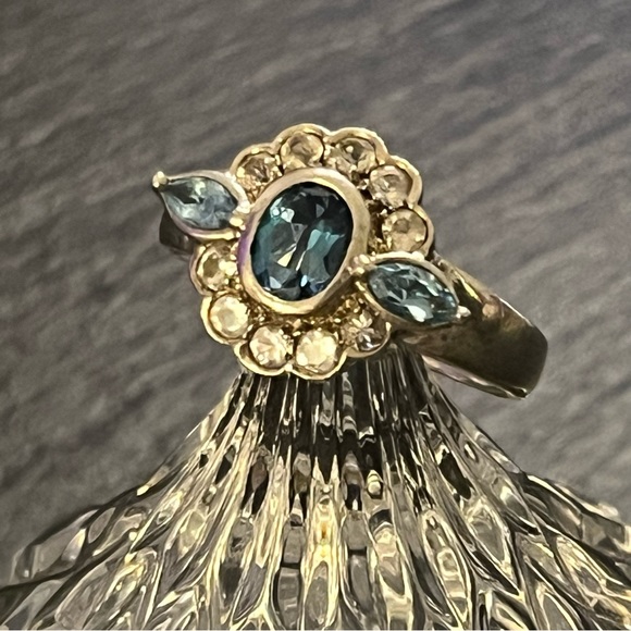 Vintage Sterling Silver 925 Blue Topaz And Cz Floral Ring Size 12 - Picture 12 of 16